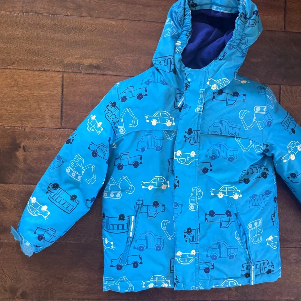 Cat & Jack Boys Blue Construction Vehicle Hooded Winter Jacket 5T Puffer Coat